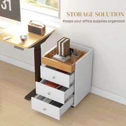 HOMCOM 3 Drawer File Cabinet on Wheels Mobile Home Office Storage Cabinet with Top Tray Under Desk Printer Stand, White