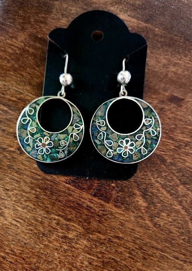 Vintage SS Turquoise Malachite Inlay Earrings
