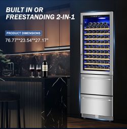 24 Inch Wide Wine and Beverage Refrigerator With Dual Drawer, 2 IN 1 Dual Zone Wine Cooler, Built-In or Freestanding Beverage Fridge, for Home Bar Kit