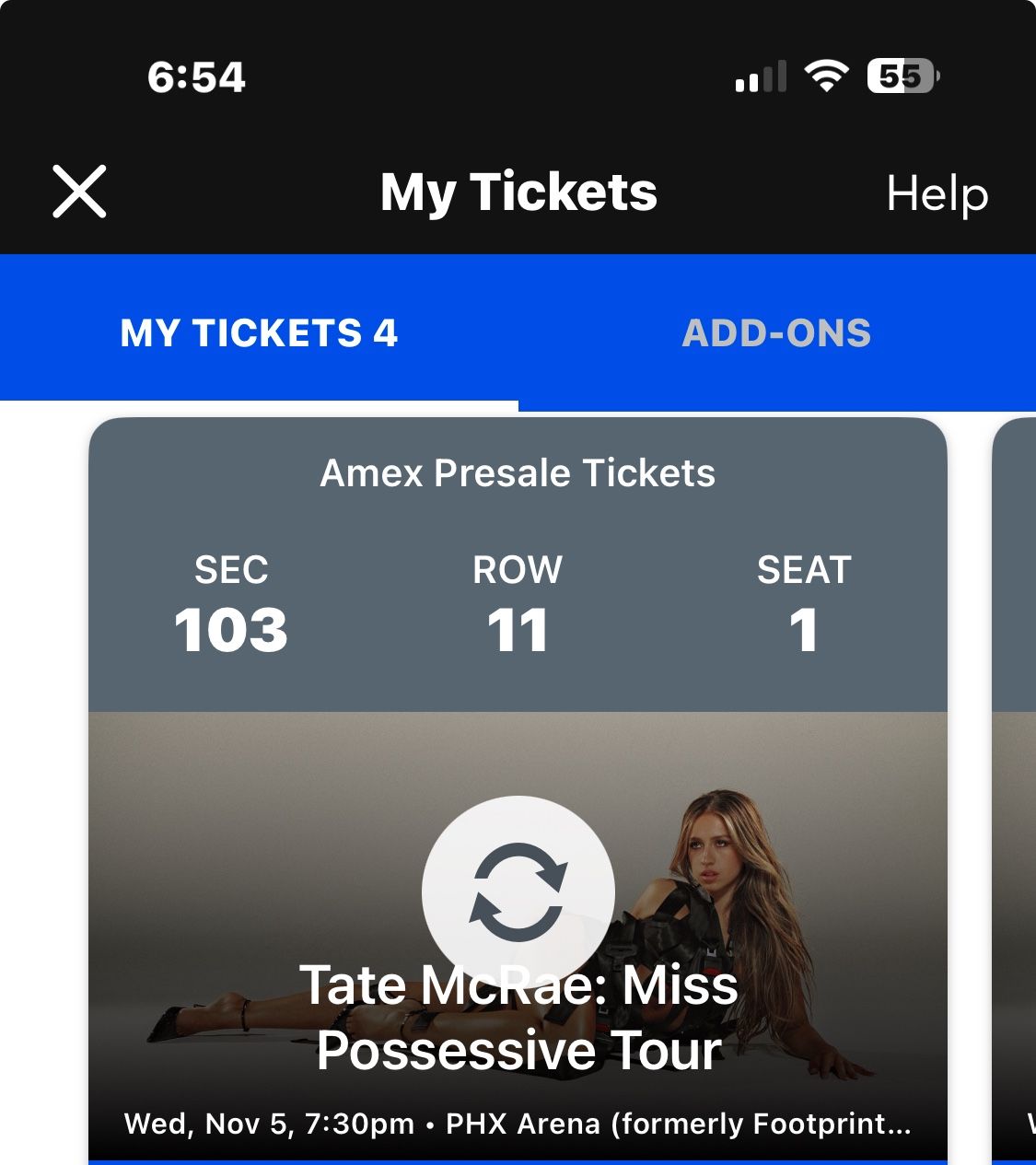 Tate McRae Nov 5th Concert - Phoenix 4 Tickets Lower Level