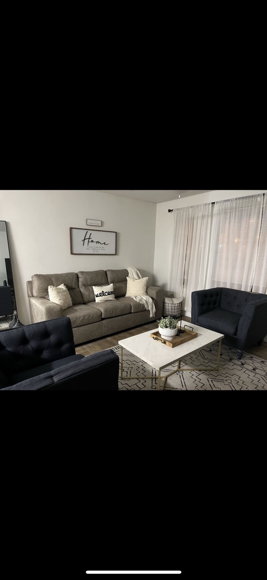 Couch + 2 Blue Accent Chairs