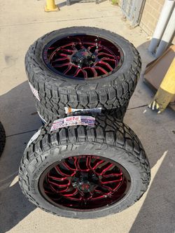 SET OF 20X10 GLOSS BLACK RED MILLED REVENGE OFFROAD WHEELS ON 275/55R20 AMERICAN ROADSTAR RT TIRES ONLY $1450