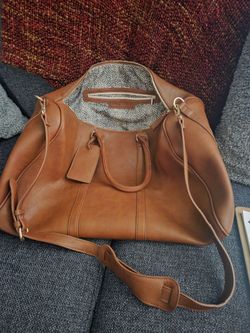 Sole Society vegan leather weekender duffle bag, cognac brown