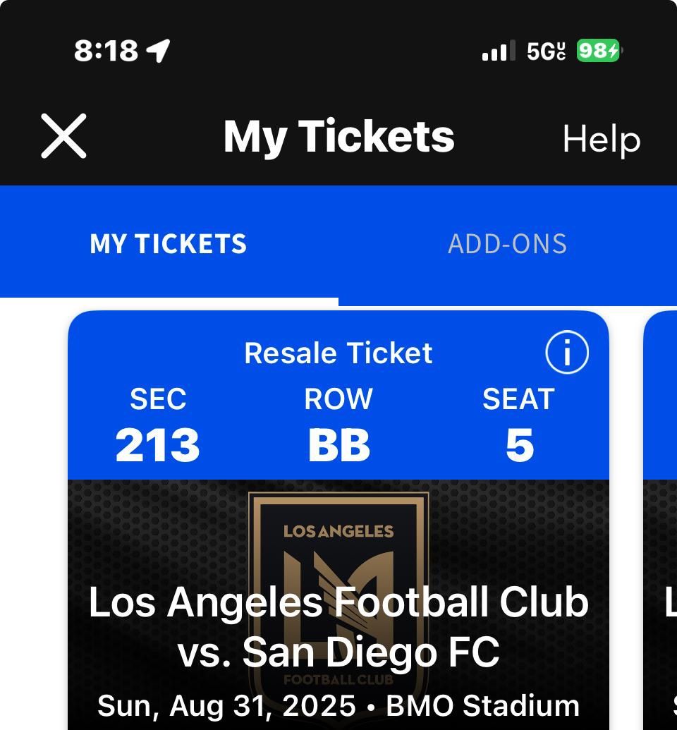 Soccer Game (4) Tickets LA Vs San Diego - seats 5,6,7 & 8