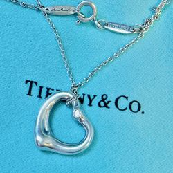 Tiffany & Co. Elsa Peretti Silver Open Heart Pendant Diamond -16mm - 16" Long