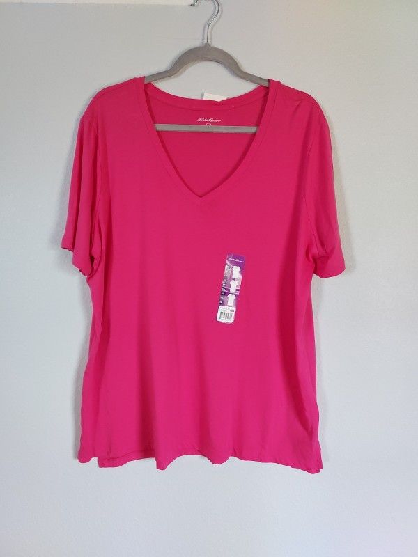 Eddie Bauer Tunic Tee Shirt Womens Size XXL Flamingo Pink V Neck Cotton NEW