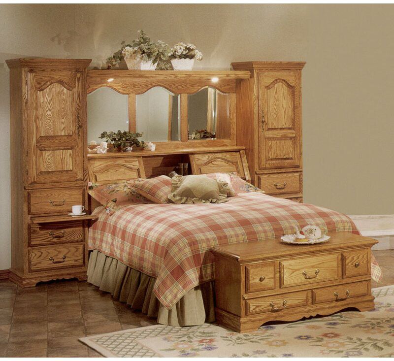Country Heirloom Solid Wood King Bed, with drawers in bed, mirror headboard and built in tower nightstand storage cabinets