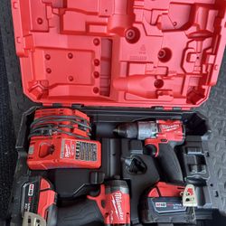 Milwaukee M18 Fuel Impact And Hammer Drill With Batteries And Charger Like New 