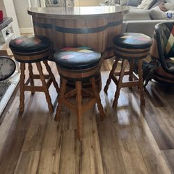 Whiskey Barrel furniture Brothers Furniture Corp. KY Vintage bar, three stools, and bar light
