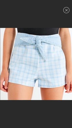 UO Plaid tie denim shorts