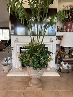 Quality Faux Palms Surrounded By Smaller, Lush Foliage Artificial Evergreen Silk Plants In Decorative Urns.