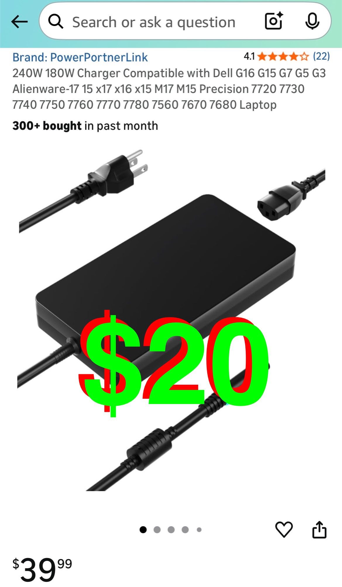 240W 180W Charger Compatible with Dell G16 G15 G7 G5 G3 Alienware-17 15 x17 x16 x15 M17 M15 Precision 7 7 7 7 7670 768