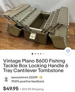 Vintage Plano 8600 Fishing Tackle Box Locking Tray Cantilever Tombstone 3 fishing poles