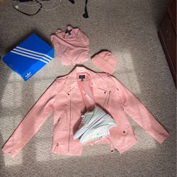 Get The Fit! Forever 21 / Mens Size Small / Pink Faux Leather Jacket / Beanie / T-Shirt / Adidas Continental 80 Size 10