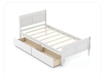 Twin size White Wood Bed Frame with Storage Drawers