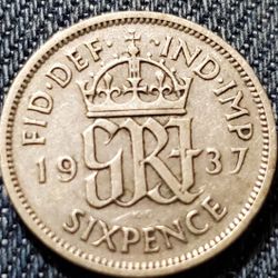 1937 Great Britian Six Pence Silver Coin!