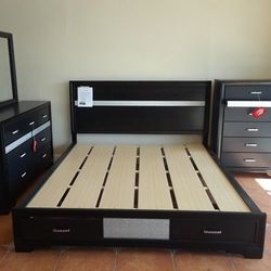 4PC EASTERN KING BEDROOM SET: EASTERN KING BED FRAME, DRESSER, MIRROR, NIGHTSTAND