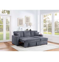 Grey adjustable sofa bed with storage cup holders and usb ports to charge phone brand new in box firm price $480