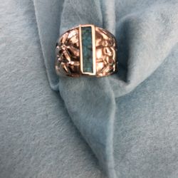 Unisex Silver Plated Ring With Turquoise  And Nugget Sides