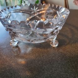 3-Legged Etched, Saw-tooth Rim Lead Crystal Bowl
