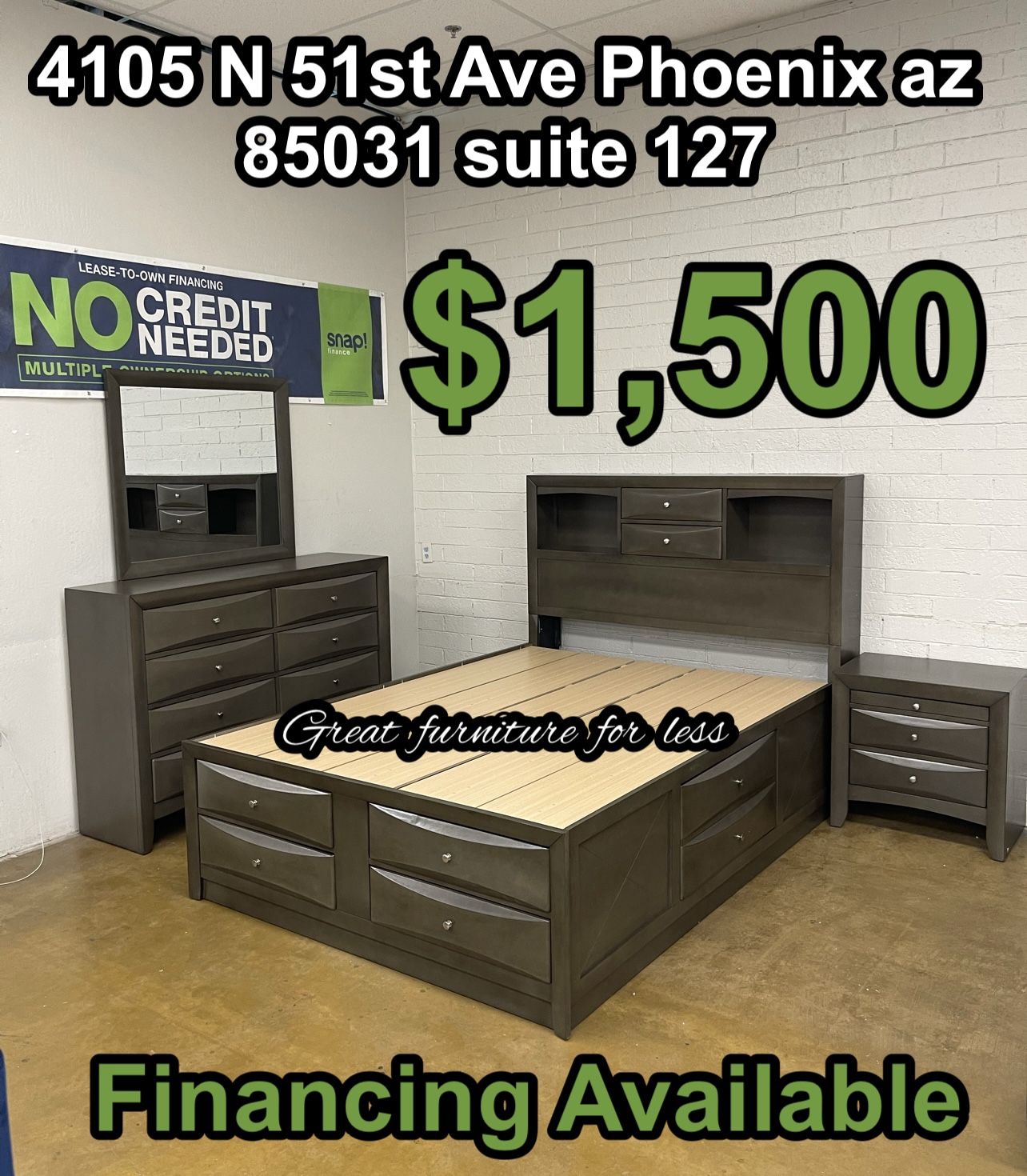 Queen Size Captain Bedroom Set Gray Include Bed Frame Dresser Mirror And Nightstand Brand New