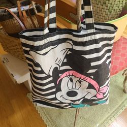 Minnie Disney black white stripe.cotton tote bag