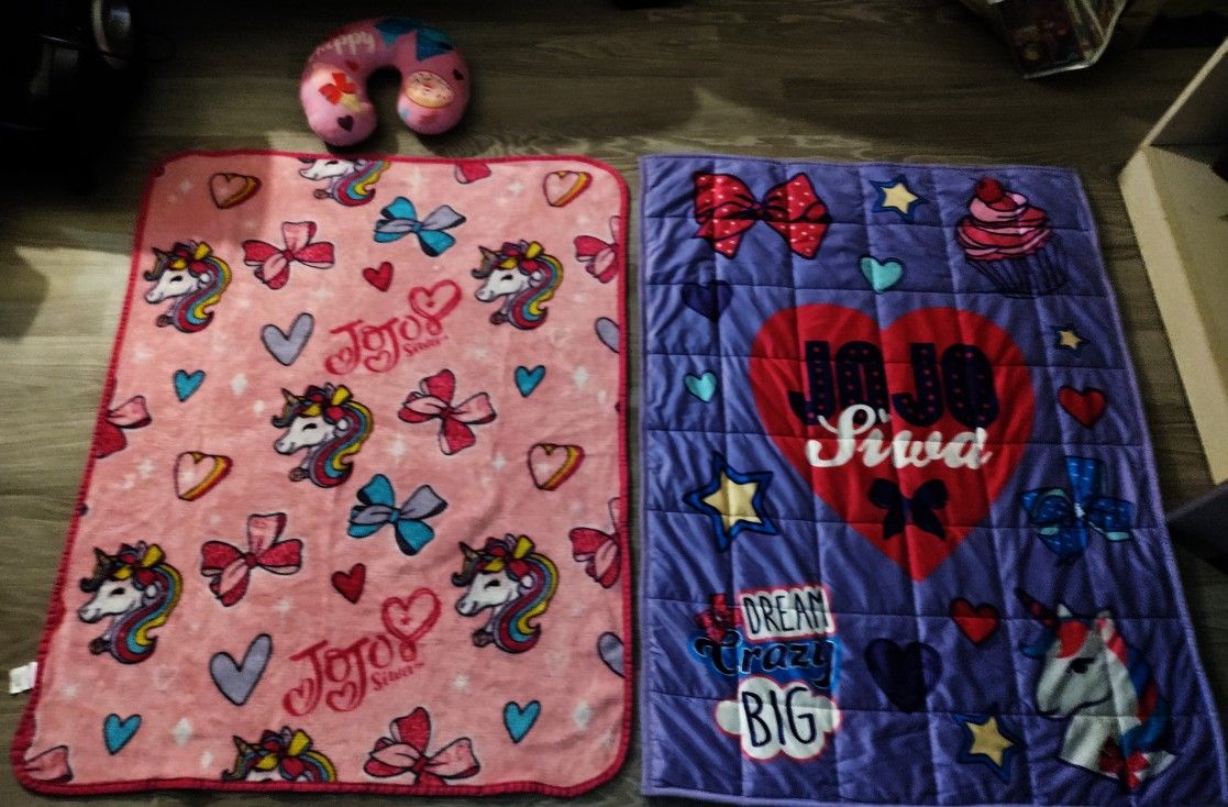JoJo Siwa , 2 Blankets 1 Neck Pillow, and a JoJo Stuffed Unicorn
