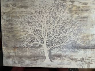 Painting of tree in winter with no leaves and snow