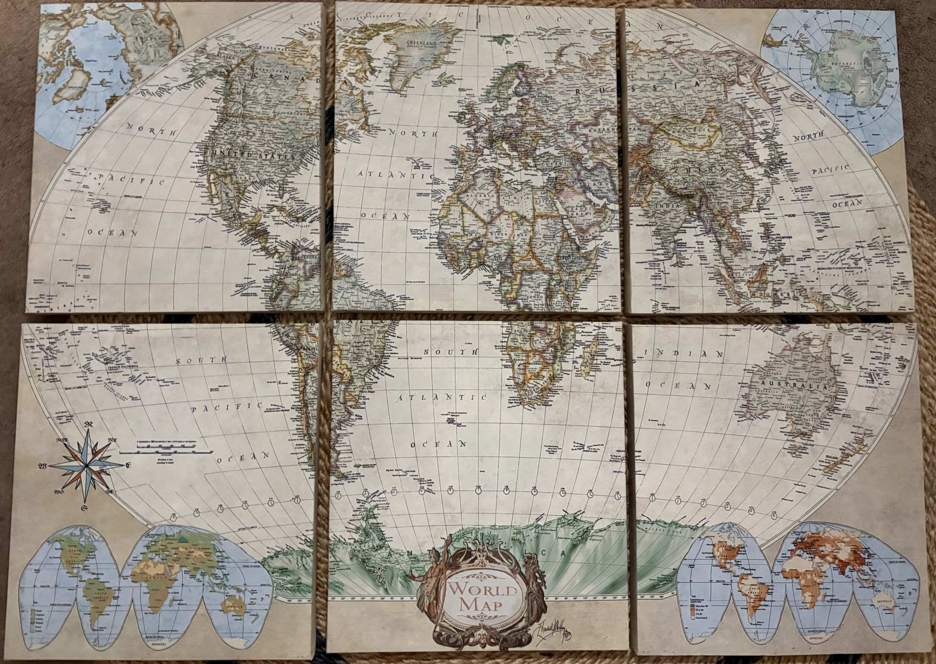 Handcrafted World Map Artwork on 6 Reclaimed Wood Panels by Elizabeth Medley – Vintage Wall Décor Se