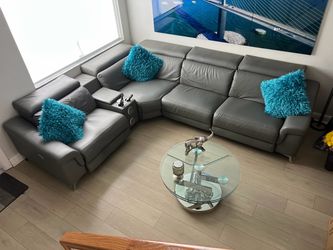 Gray Leather Sectional Sofa with Recliner