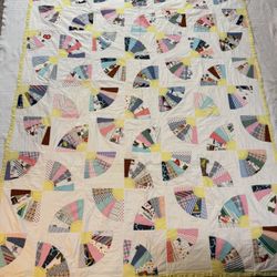 Vintage Handmade Grandmother’s Fan Quilt Patchwork Cotton Bedspread Pastel 92x66