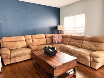Large Tan Leather Sectional Sofa with Recliner