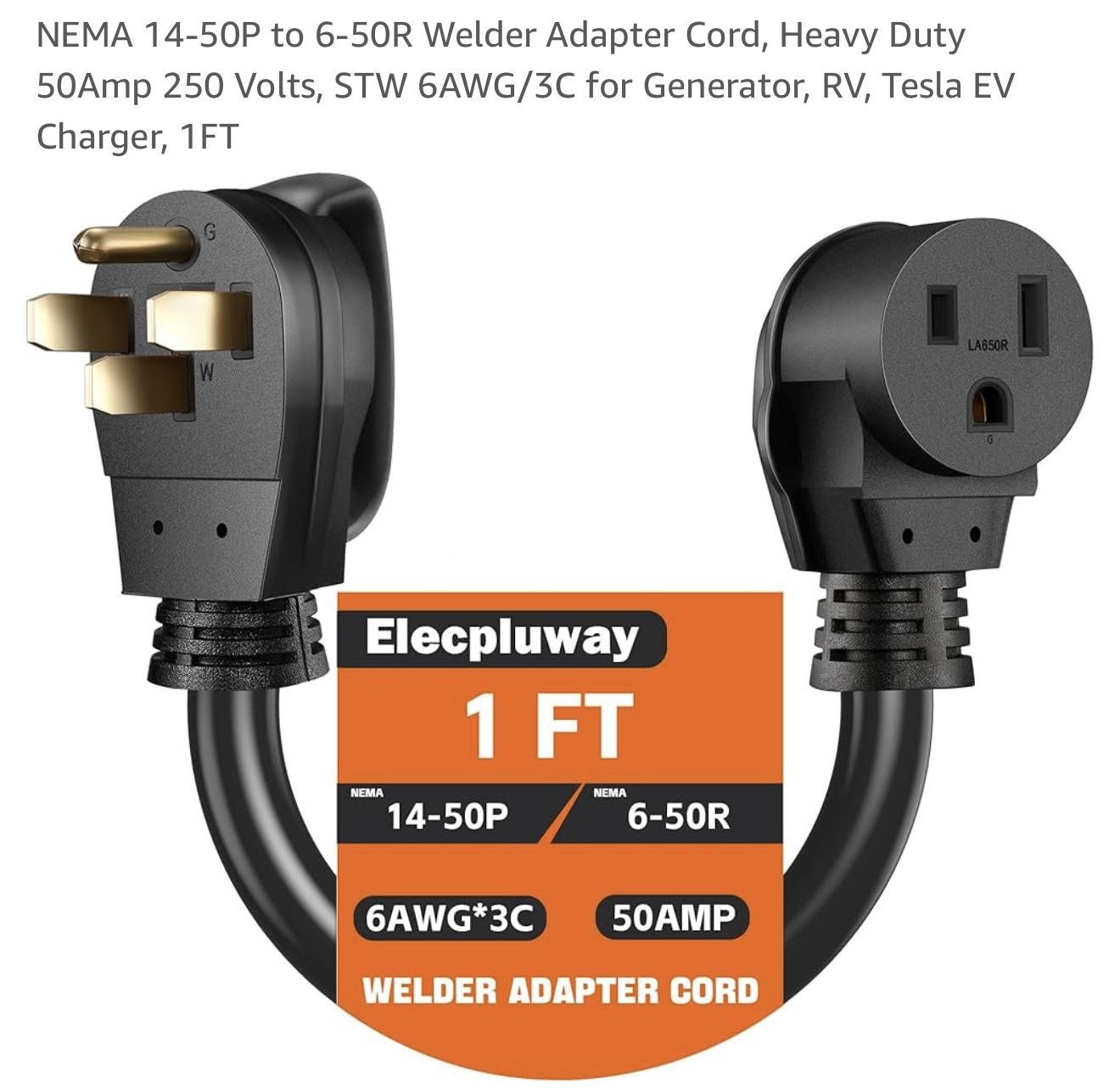 NEMA 14-50P to 6-50R Welder Adapter Cord, Heavy Duty 50Amp 250 Volts, STW 6AWG/3C for Generator, RV, Tesla EV Charger, 1FT $25 firm in n Lakeland 