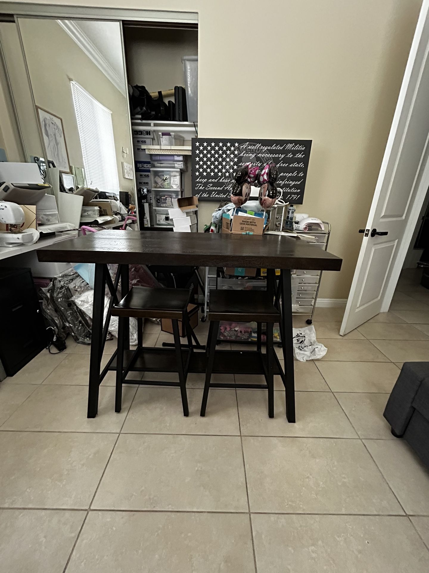 47in Console Table Rustic Finish With 4 Stools