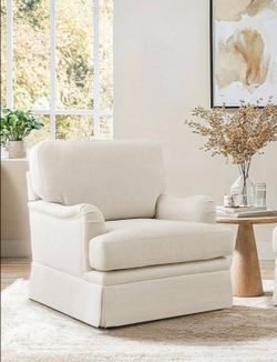 LUE BONA 81 cm wide 360° swivel accent chair, upholstered in beige fabric; modern barrel-style upholstered chair with a metal base