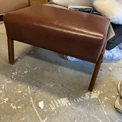 Mid-century Modern Yellowish-brown Leatherette Accent Stool with Walnut Rubberwood Legs