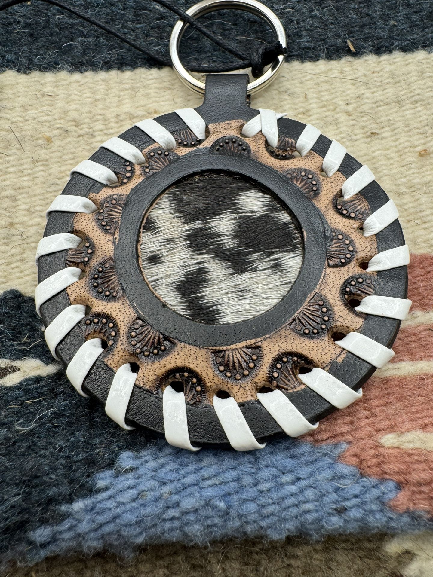 New Myra Bag “Protector” Charm Leather Keyfob S-10781 Black, White And Brown 3”