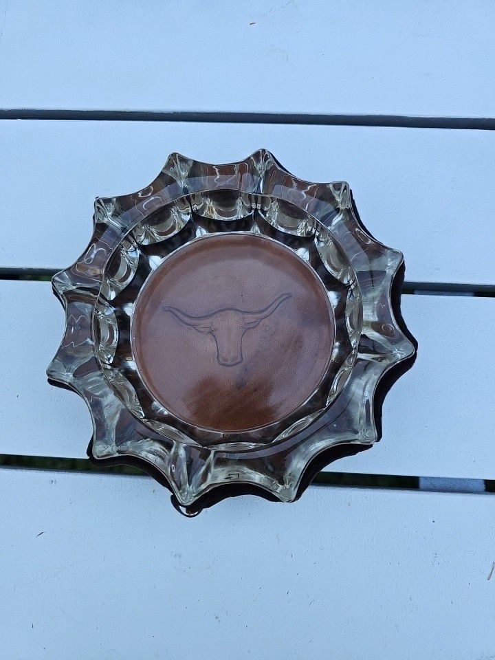 Vintage Longhorn Leather Glass Ashtray Tooled Whipstitch. Sun Burst Shape