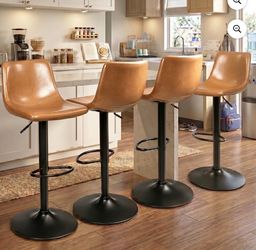 Waleaf Set of 4 Modern Swivel PU Leather Bar Stools, Adjustable Height Kitchen Counter Height Chairs with Back and Footrest, PU Leather Upholstered Di