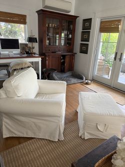 Slipcovered chair and ottoman