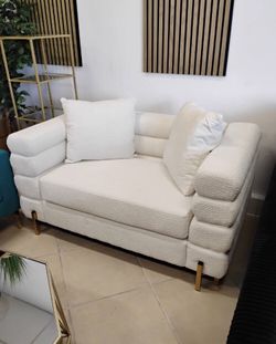 Luxurious! 2-pc Sofa set white boucle fabric with gold plated steel legs