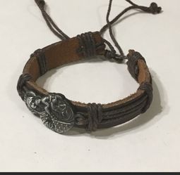 Dark brown leather bracelet with silver jesus and mary charm