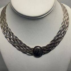 Vintage 925 Sterling Silver Braided Neck Collar Cameo Necklace, Estate Jewelry, 16” 31 grams 