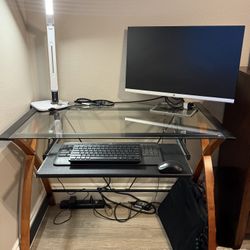 Modern Glass Top Computer Desk with Keyboard Tray – Wood & Metal Frame