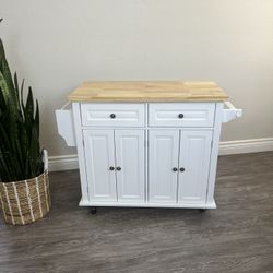 Kitchen Island on Wheels, Rolling Cart with Rubberwood Top, Spice Rack, Towel Rack and Drawers for Dining Room, White