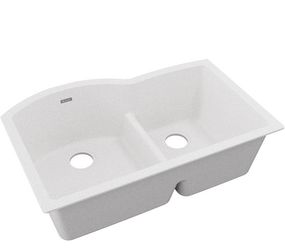 (New in Box) 
Elkay 33 inch Quartz Classic  ELGHU3322RWH0 White Offset 60/40 Double Bowl Undermount Sink with Aqua Divide (Made in Germany) /48-CN-303