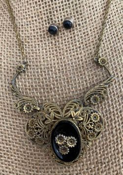 Juego cadena aretes Gold Filled Piedras Azabache joyería antigua