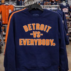 Detroit Vs Everybody Sweatshirt Unisex M Navy Crewneck Tigers Bears MLB NFL NHL