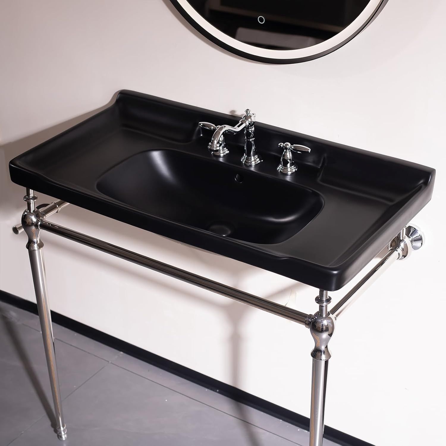36 Wall Mounted Black Ceramic Bathroom Console Sink Vanity,3 Pre