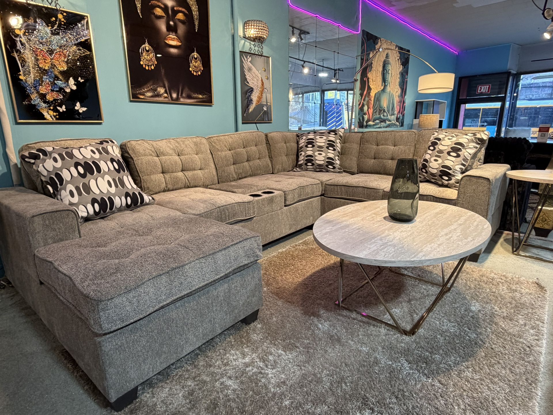 Brand New! Three Piece Sectional With Storage Console on Incredible Sale! Accent Pillows Included